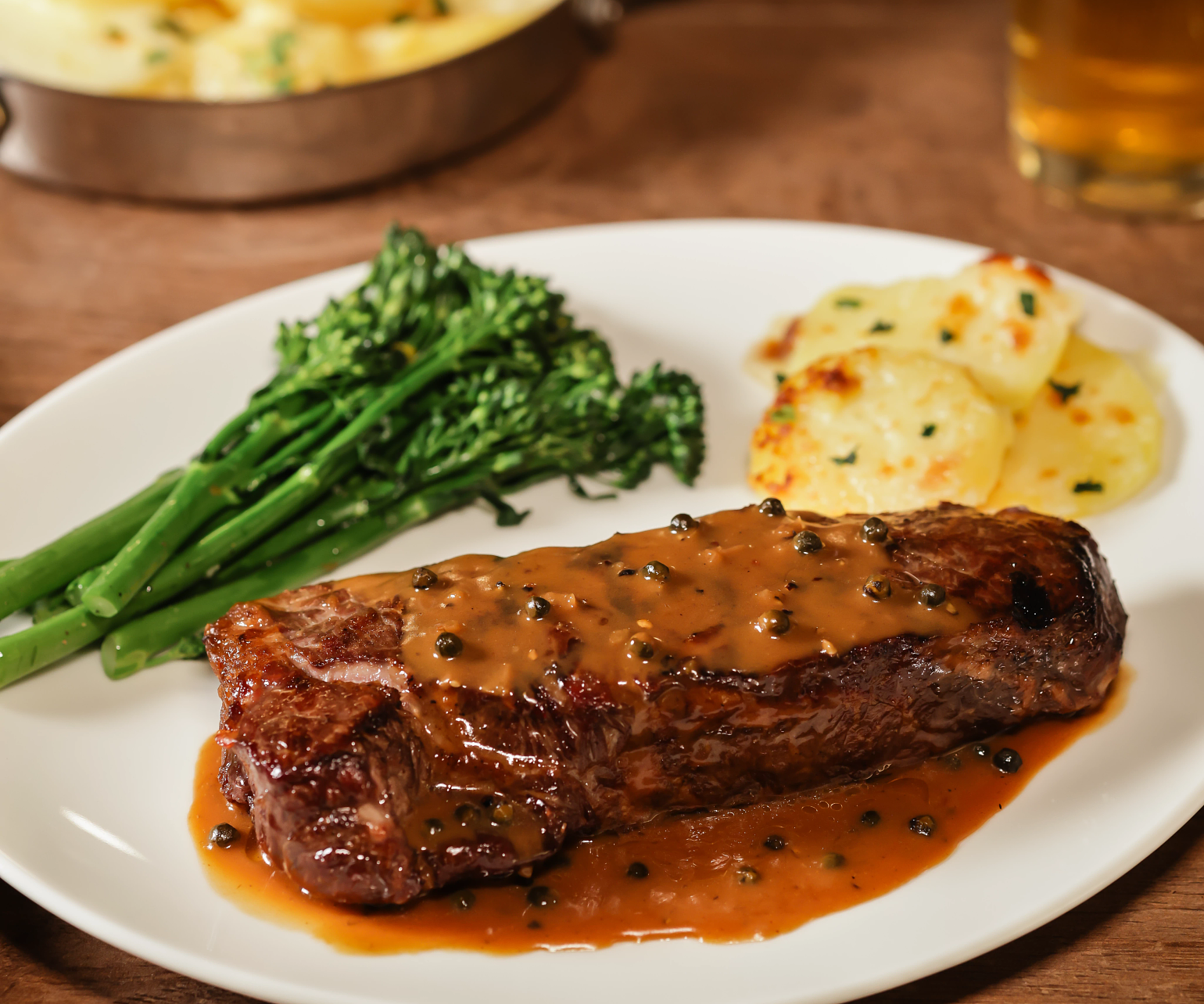 New York Strip Steaks with Peppercorn Sauce